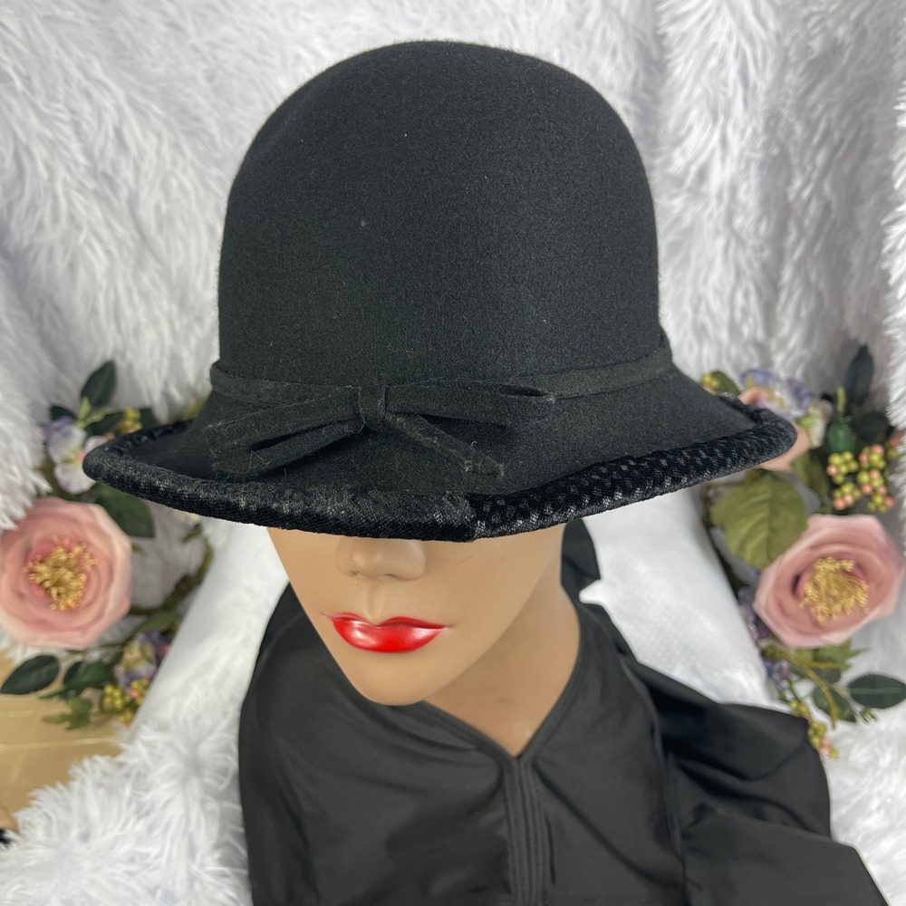 Unbranded Cloche Hat Women One Size Black 100% Wool Felt Bow Vintage Style